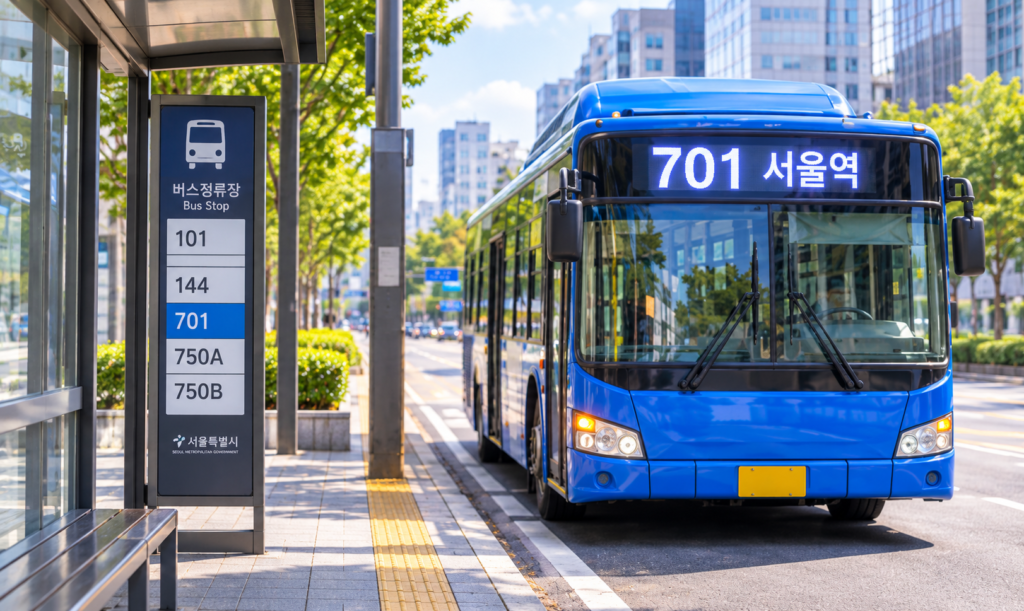 한국 버스정류장에 도착한 시내버스